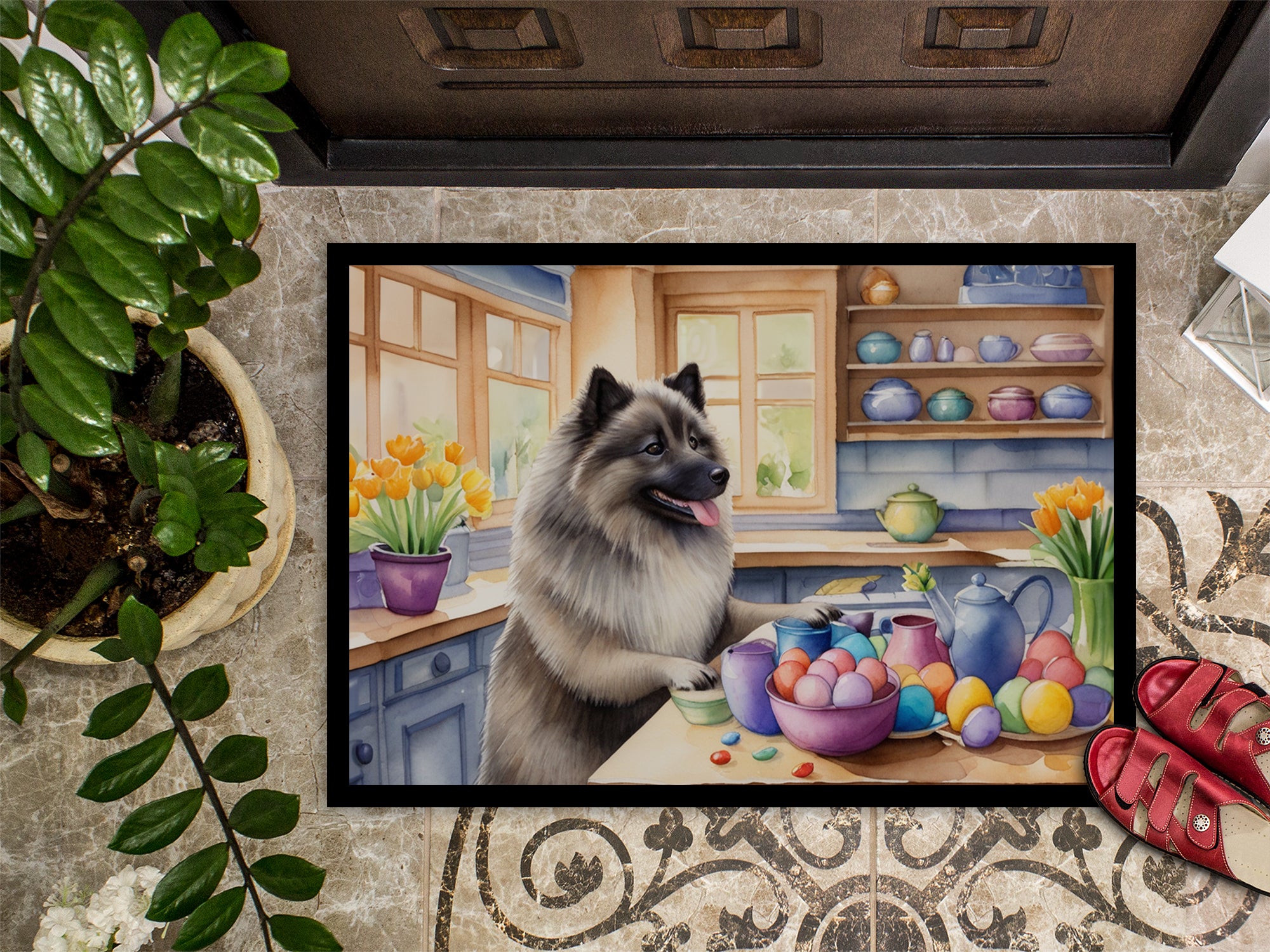 Decorating Easter Keeshond Doormat