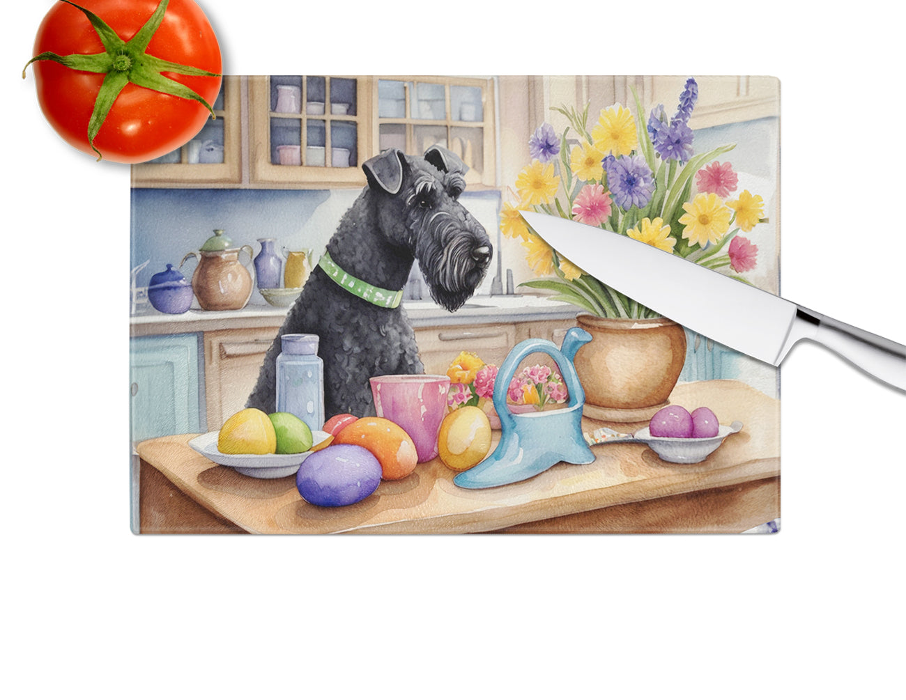 Decorating Easter Kerry Blue Terrier Glass Cutting Board