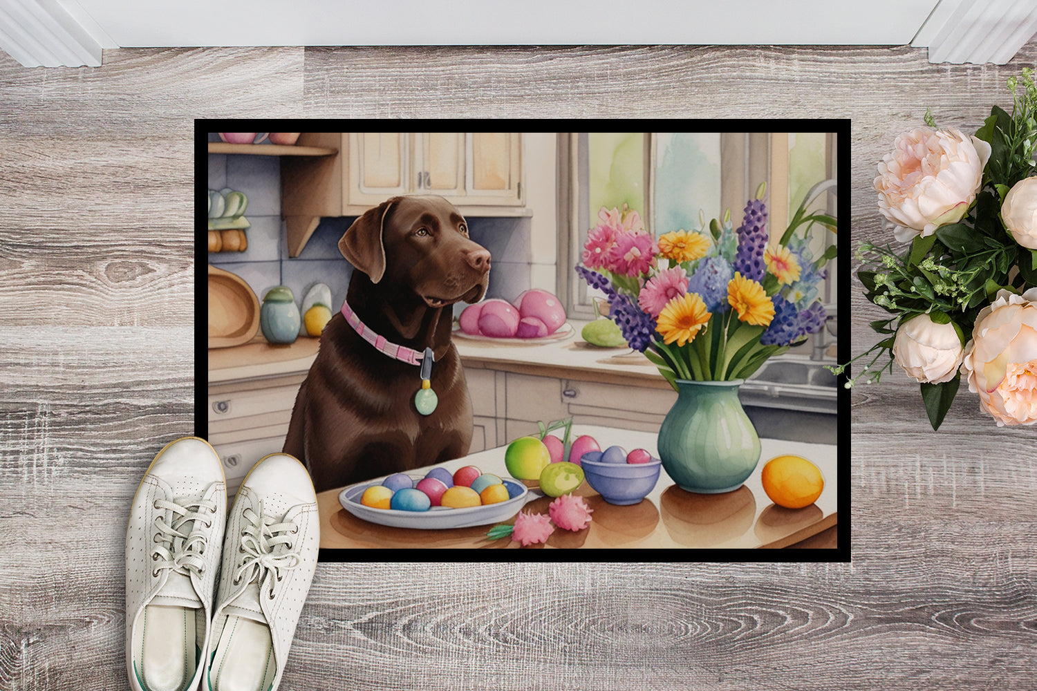 Decorating Easter Chocolate Labrador Retriever Doormat