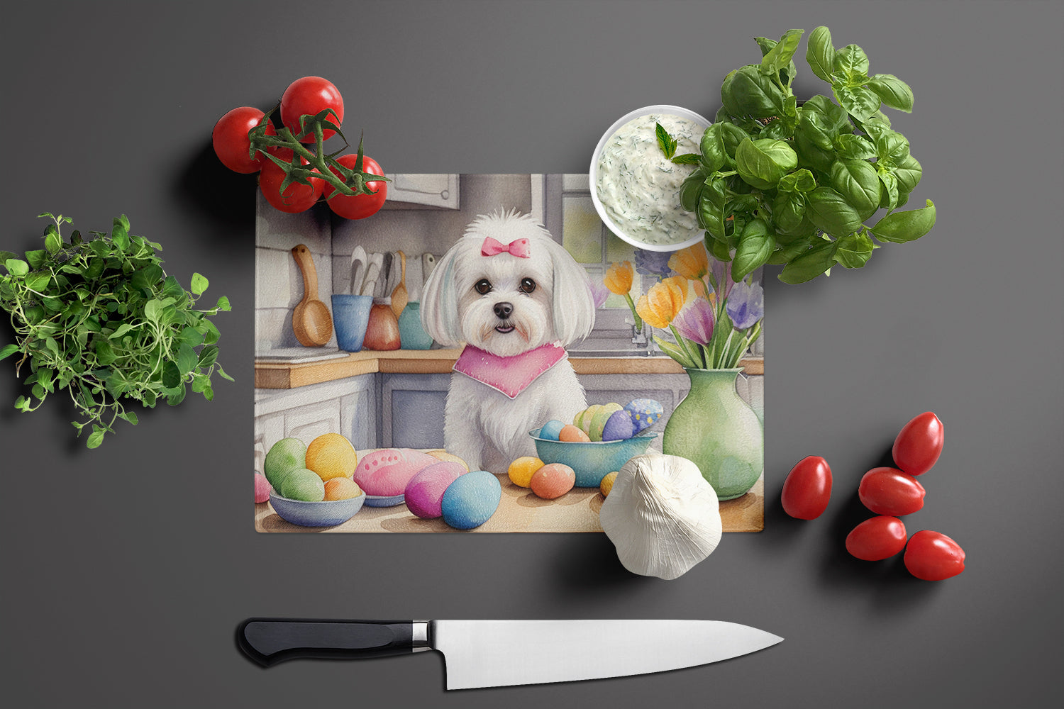 Decorating Easter Maltese Glass Cutting Board