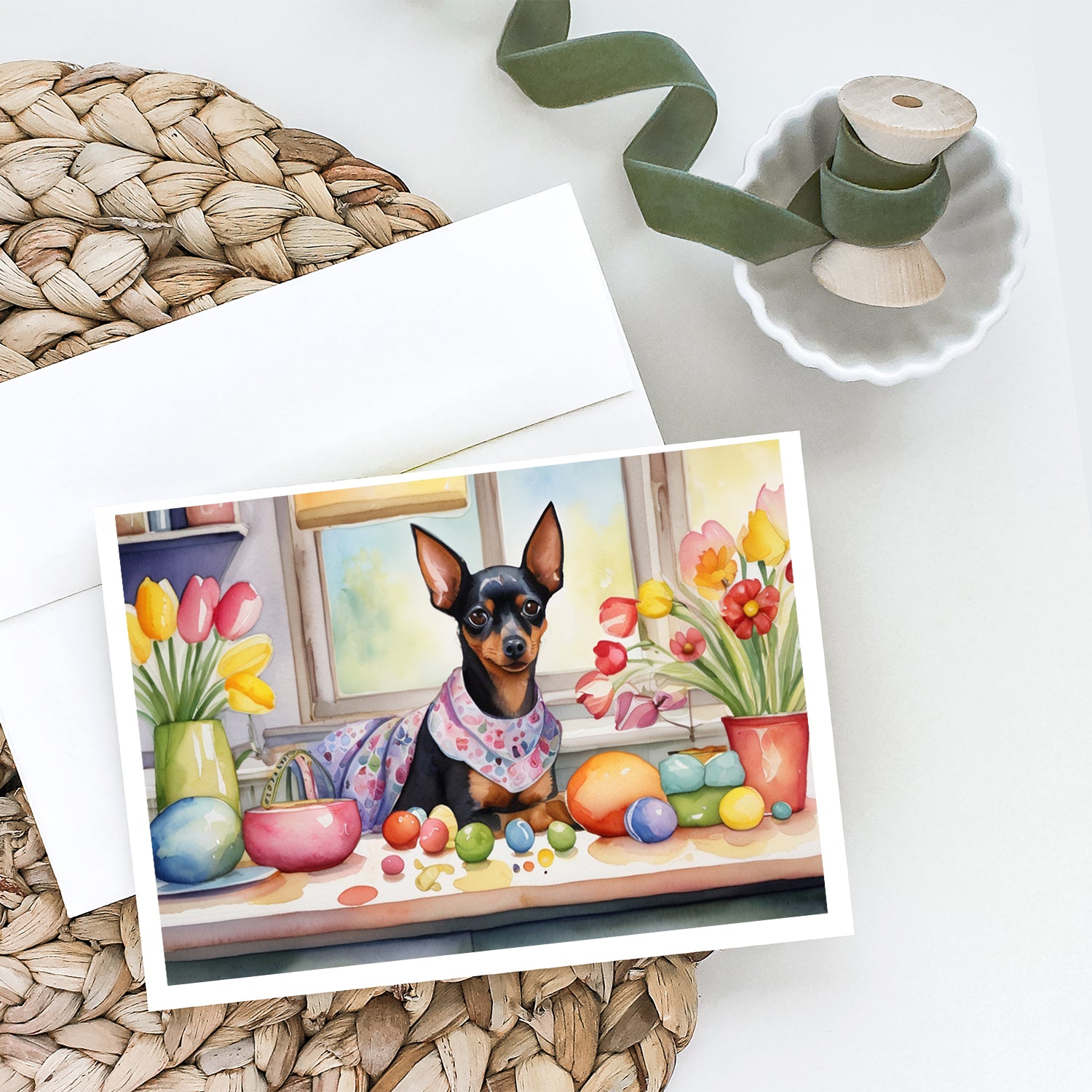 Buy this Decorating Easter Miniature Pinscher Greeting Cards Pack of 8