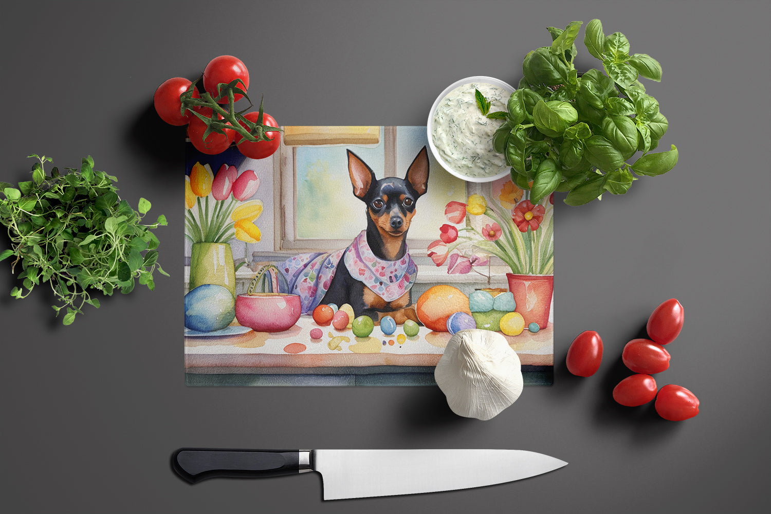 Decorating Easter Miniature Pinscher Glass Cutting Board