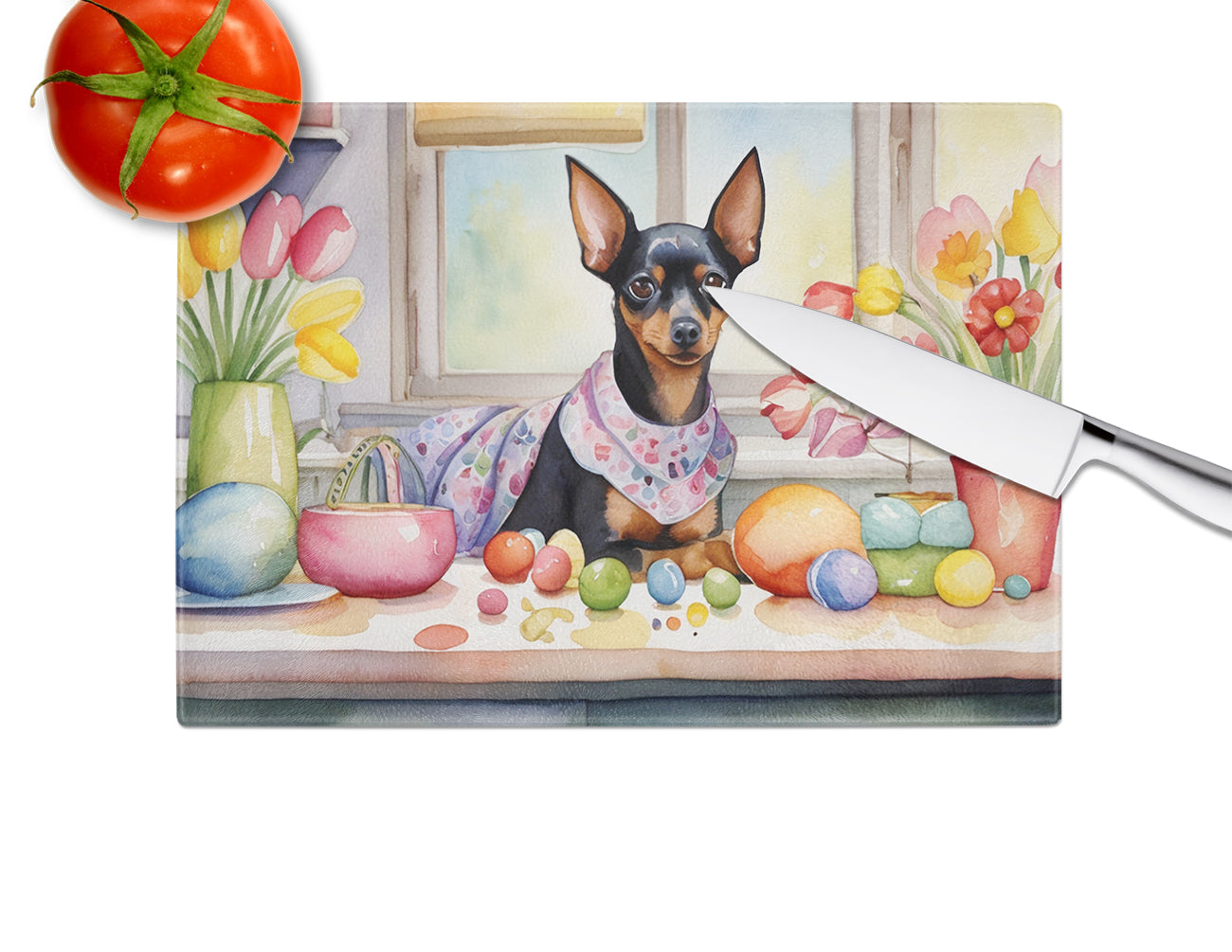 Decorating Easter Miniature Pinscher Glass Cutting Board