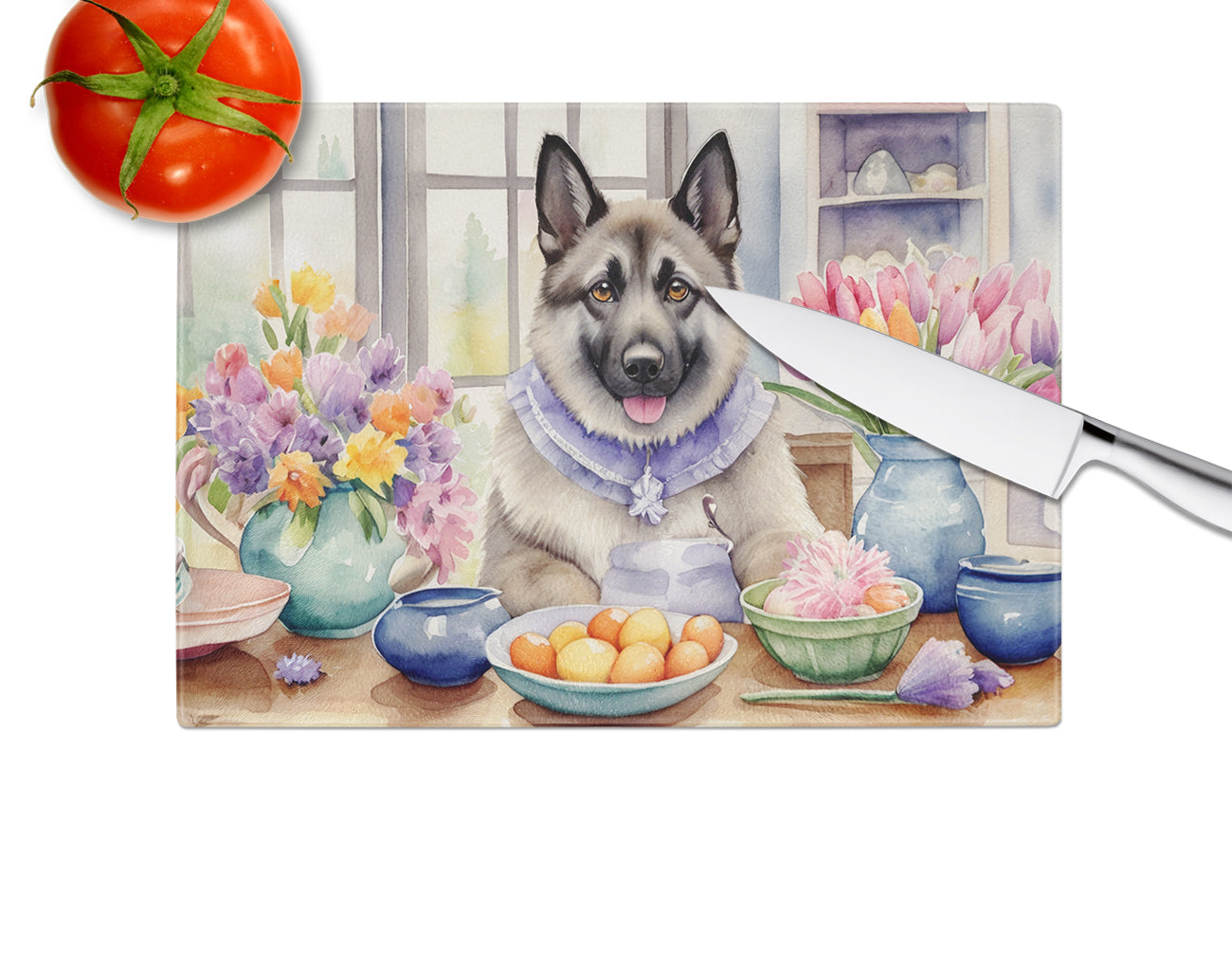 Decorating Easter Norwegian Elkhound Glass Cutting Board