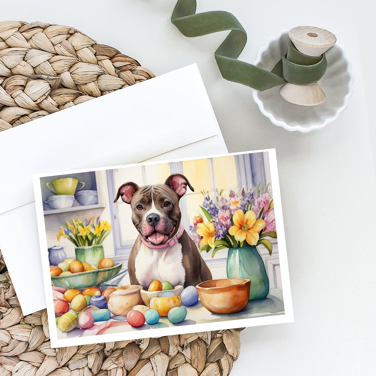 Buy this Decorating Easter Pit Bull Terrier Greeting Cards Pack of 8