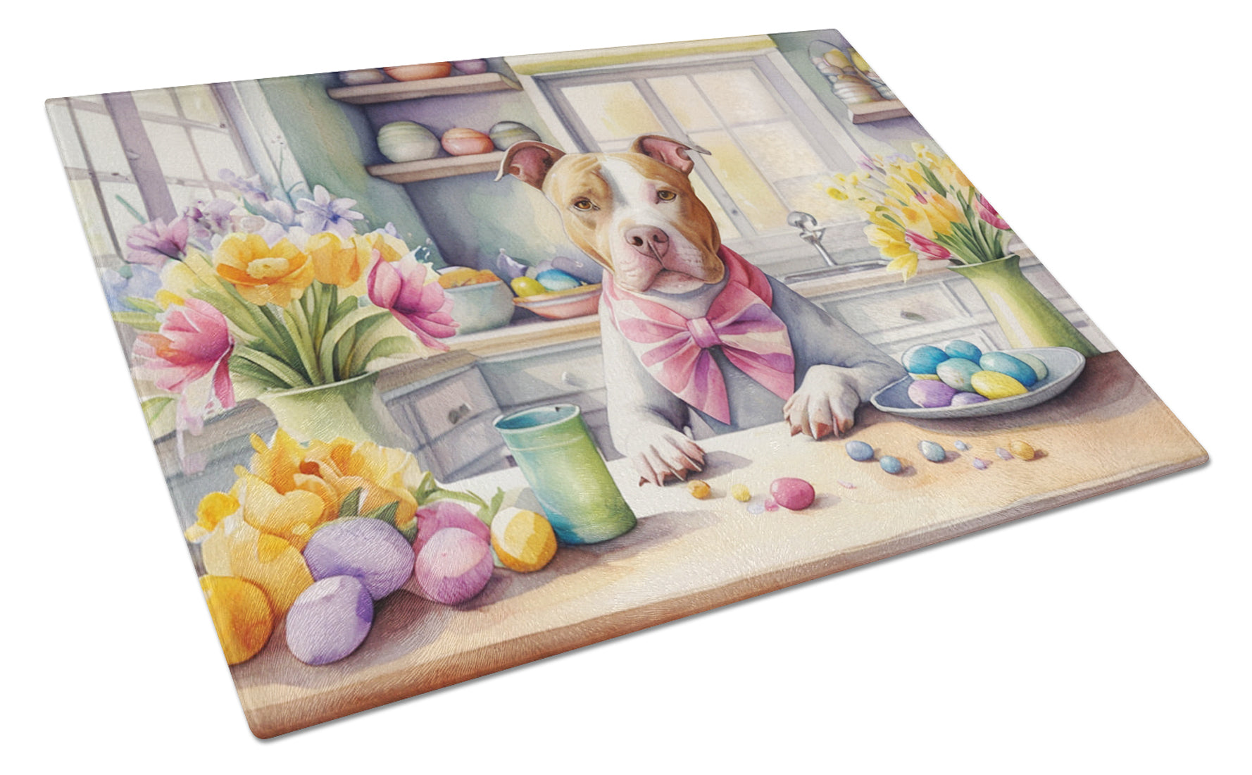 Buy this Decorating Easter Pit Bull Terrier Glass Cutting Board