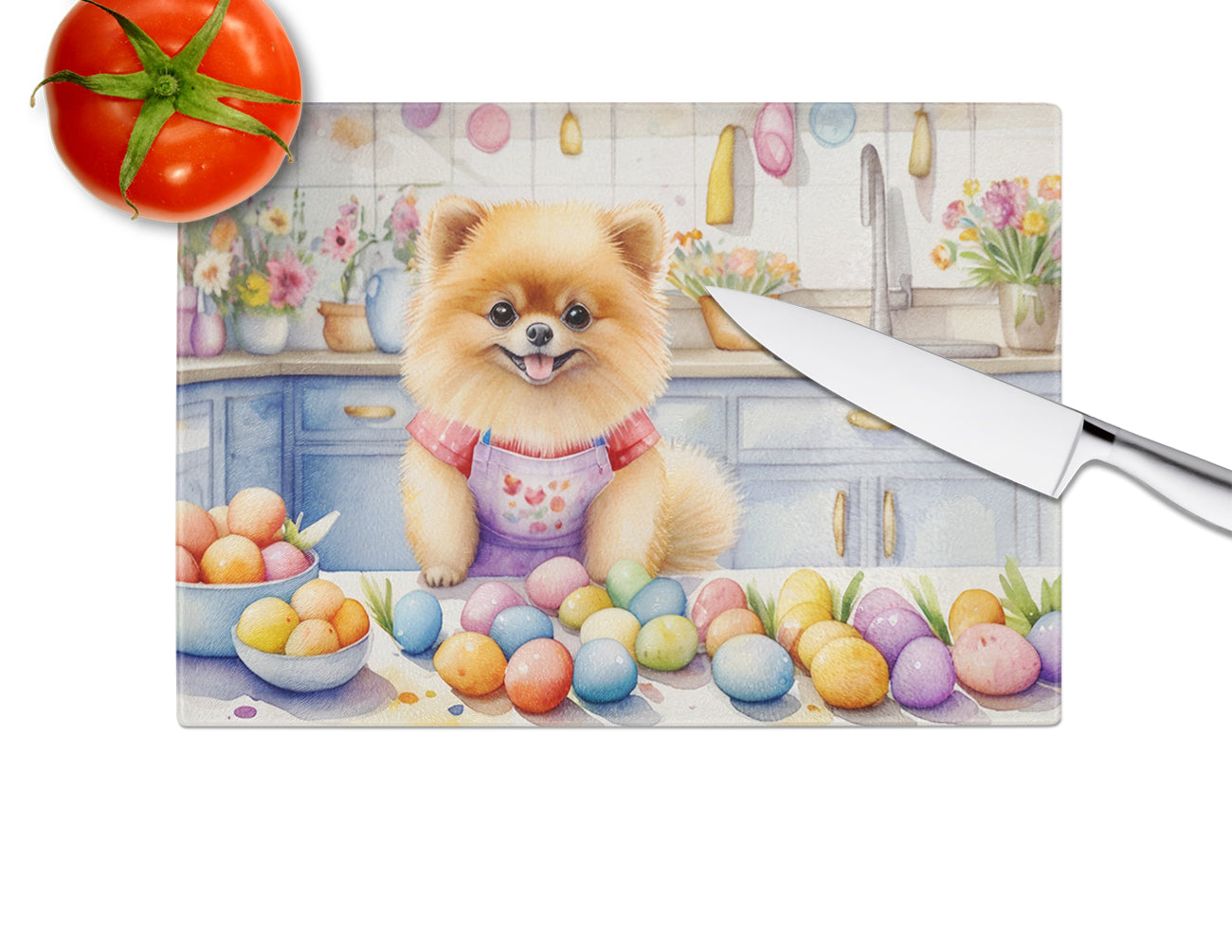 Decorating Easter Pomeranian Glass Cutting Board