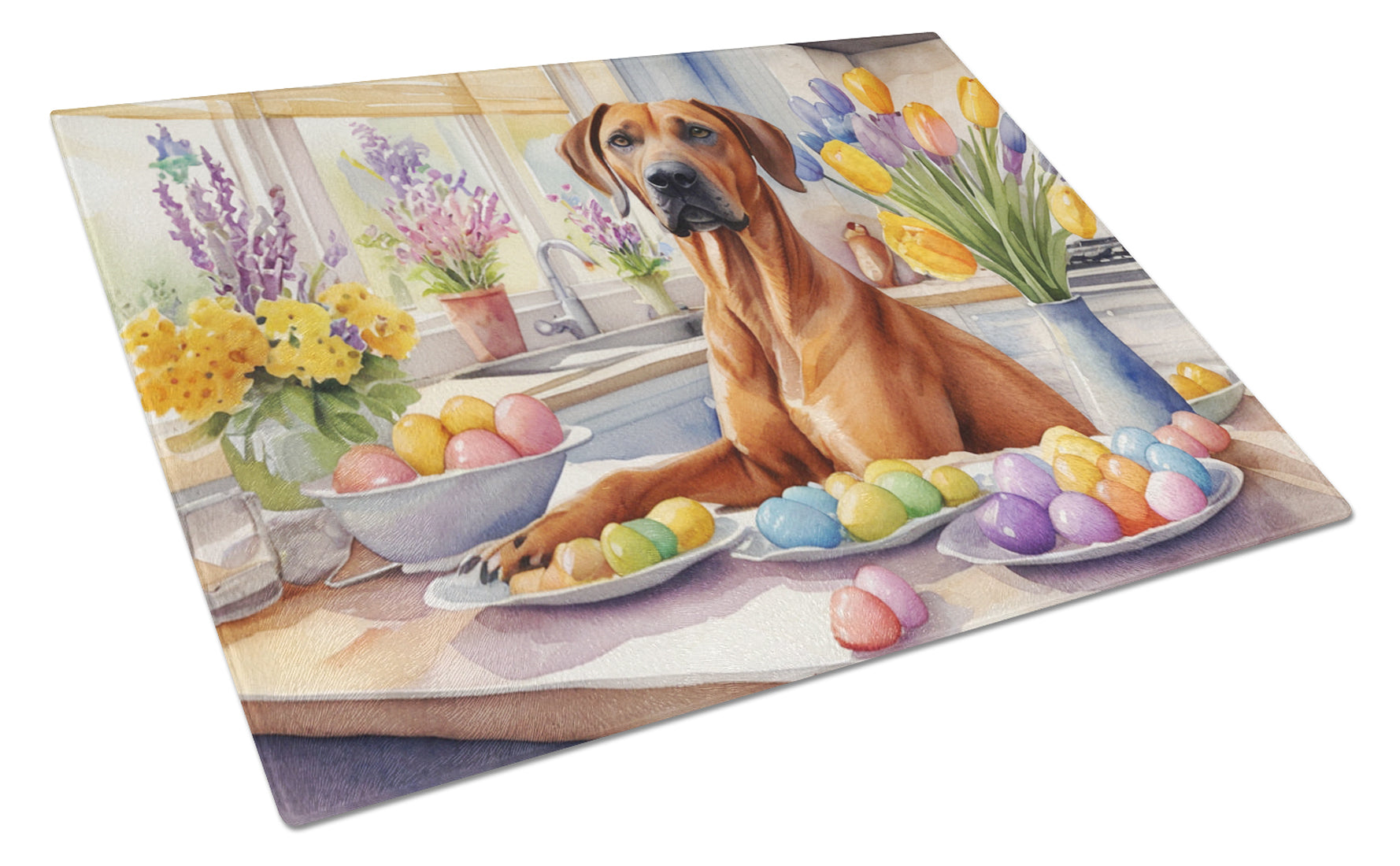 Buy this Decorating Easter Rhodesian Ridgeback Glass Cutting Board