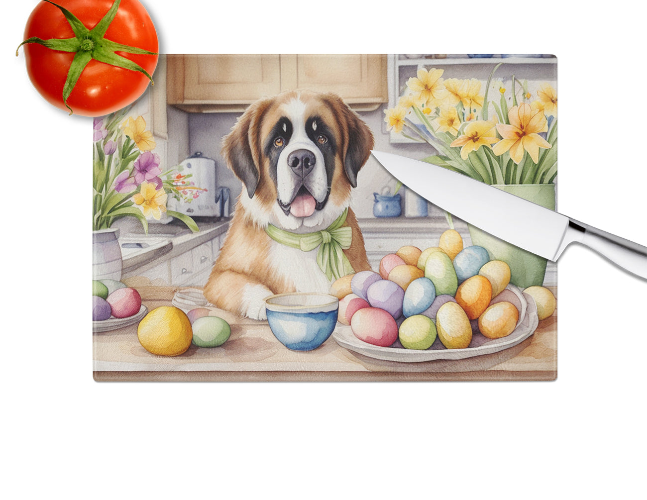 Decorating Easter Saint Bernard Glass Cutting Board