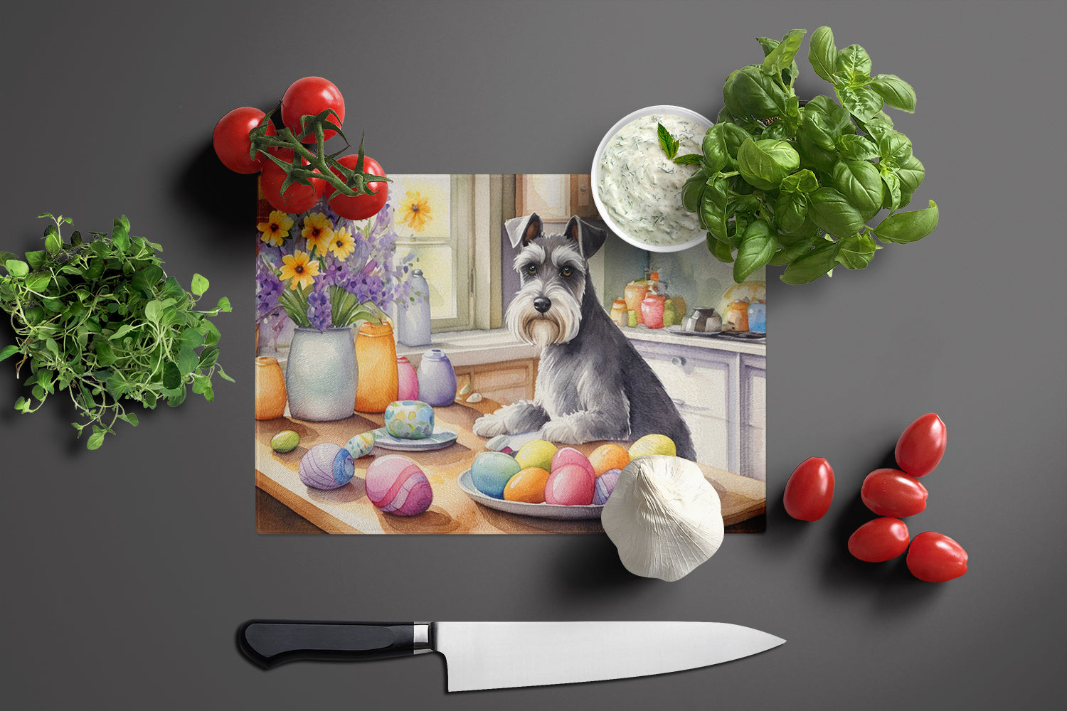 Decorating Easter Schnauzer Glass Cutting Board