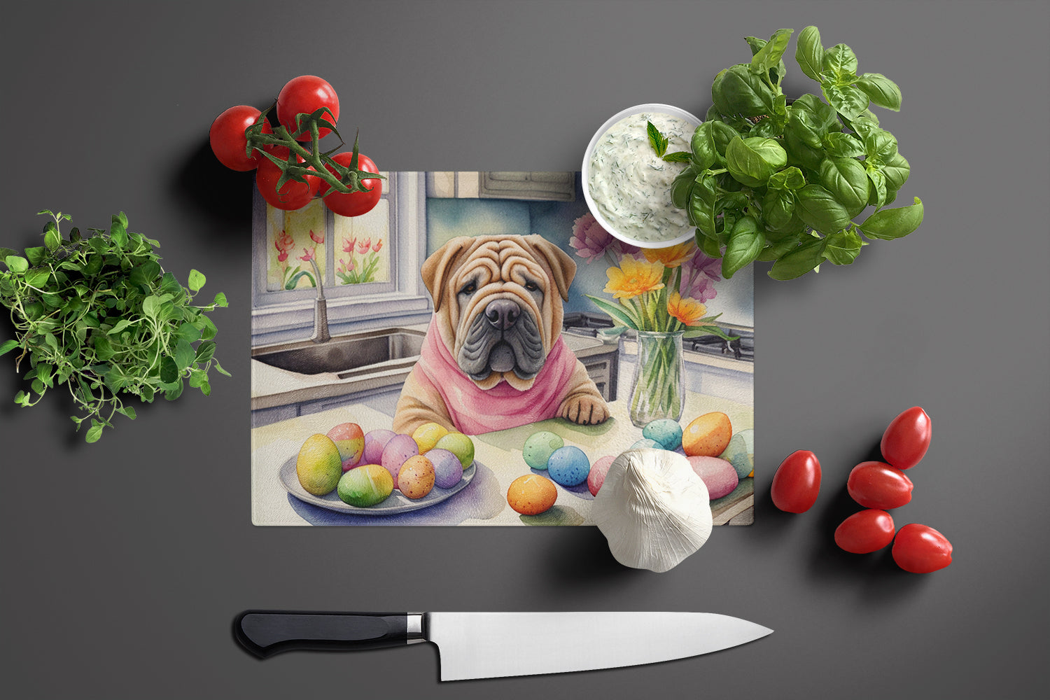 Decorating Easter Shar Pei Glass Cutting Board