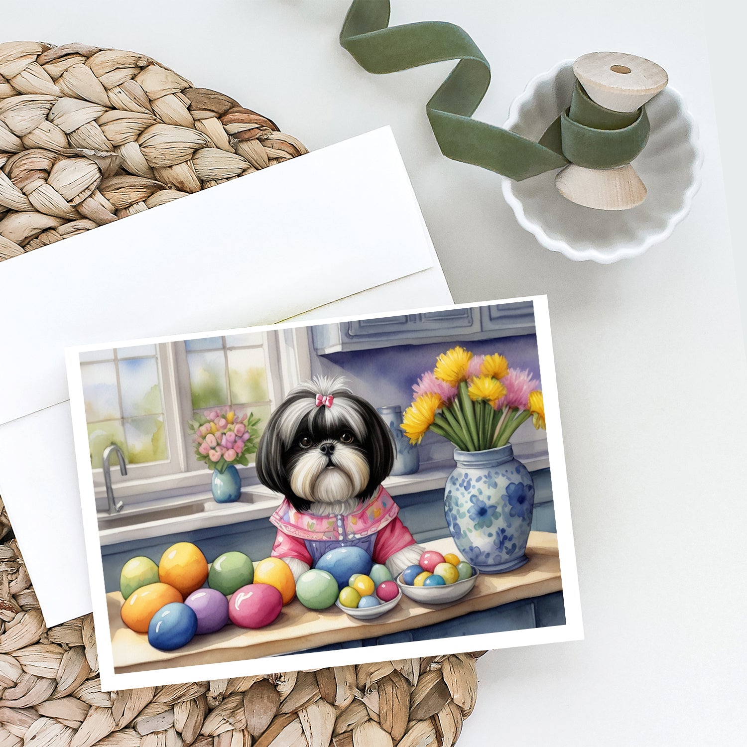 Decorating Easter Shih Tzu Greeting Cards Pack of 8