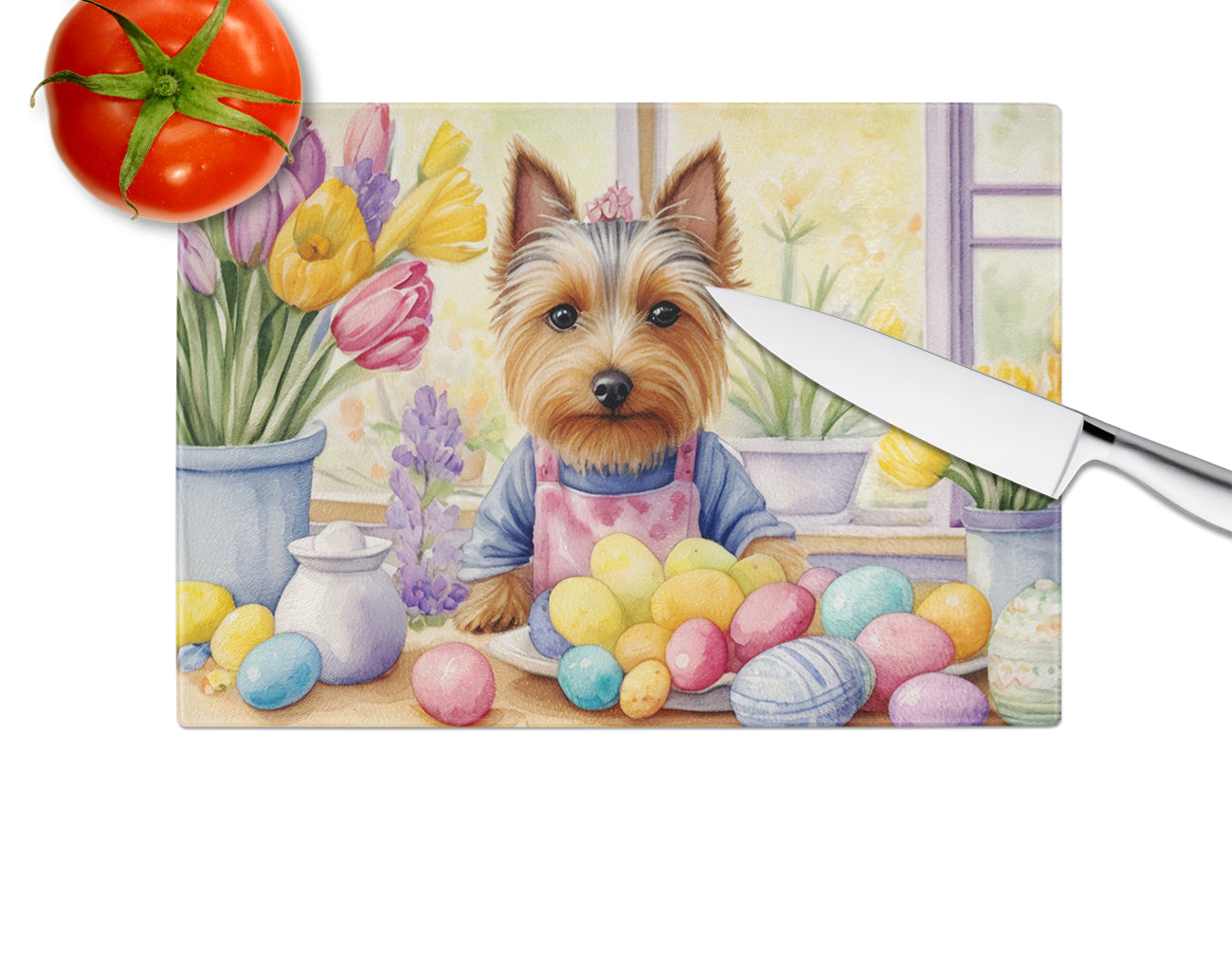 Decorating Easter Silky Terrier Glass Cutting Board