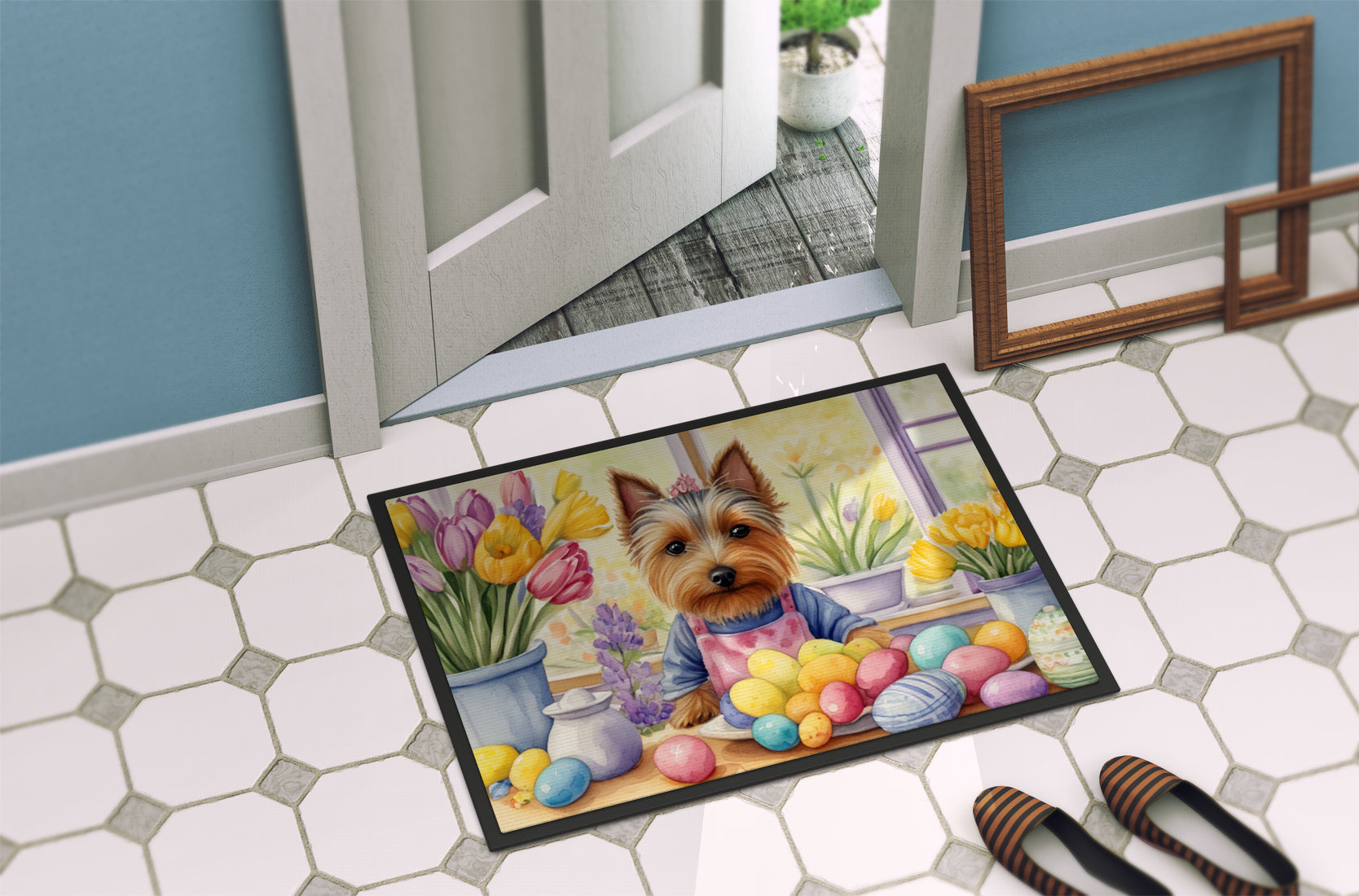 Decorating Easter Silky Terrier Doormat