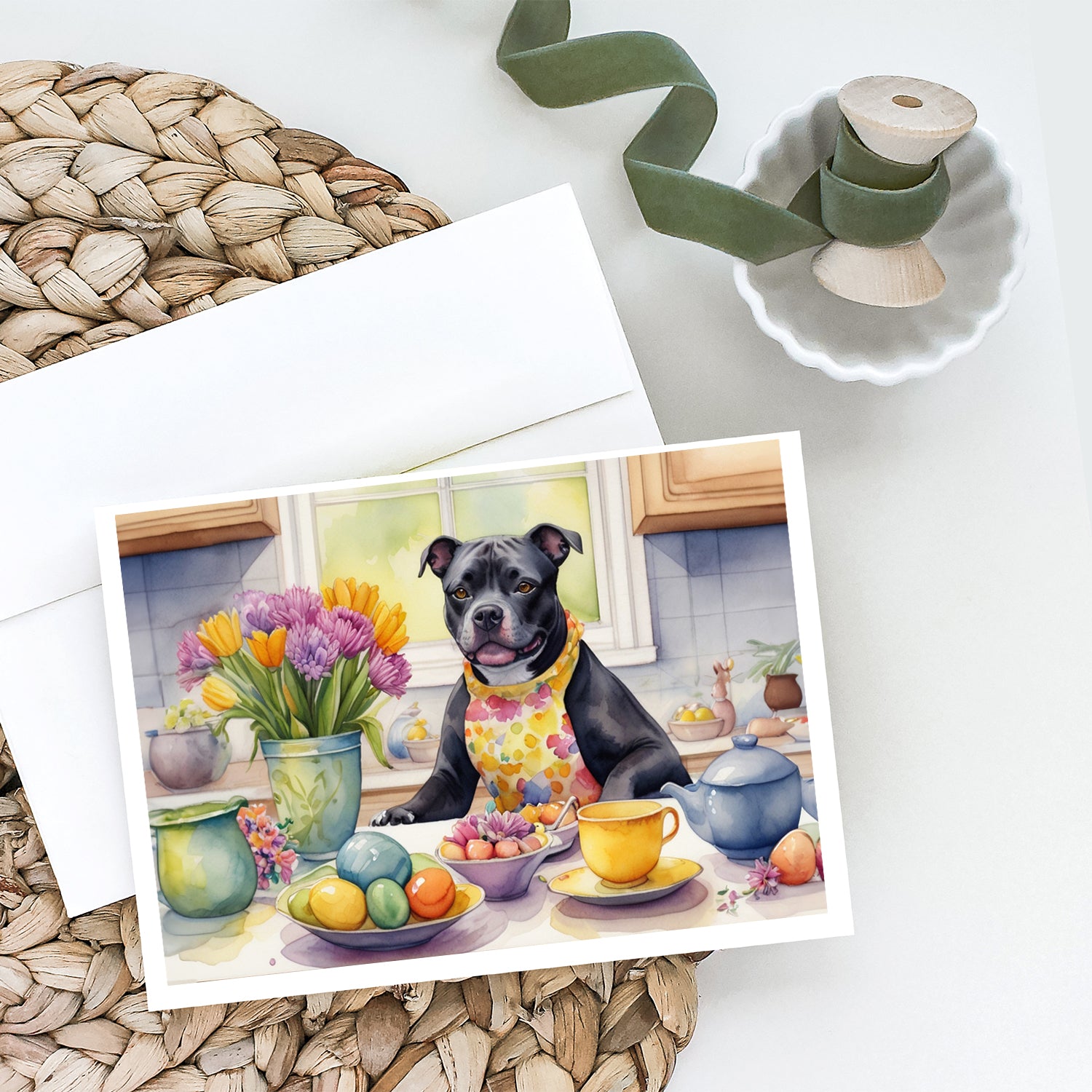 Buy this Decorating Easter Staffordshire Bull Terrier Greeting Cards Pack of 8