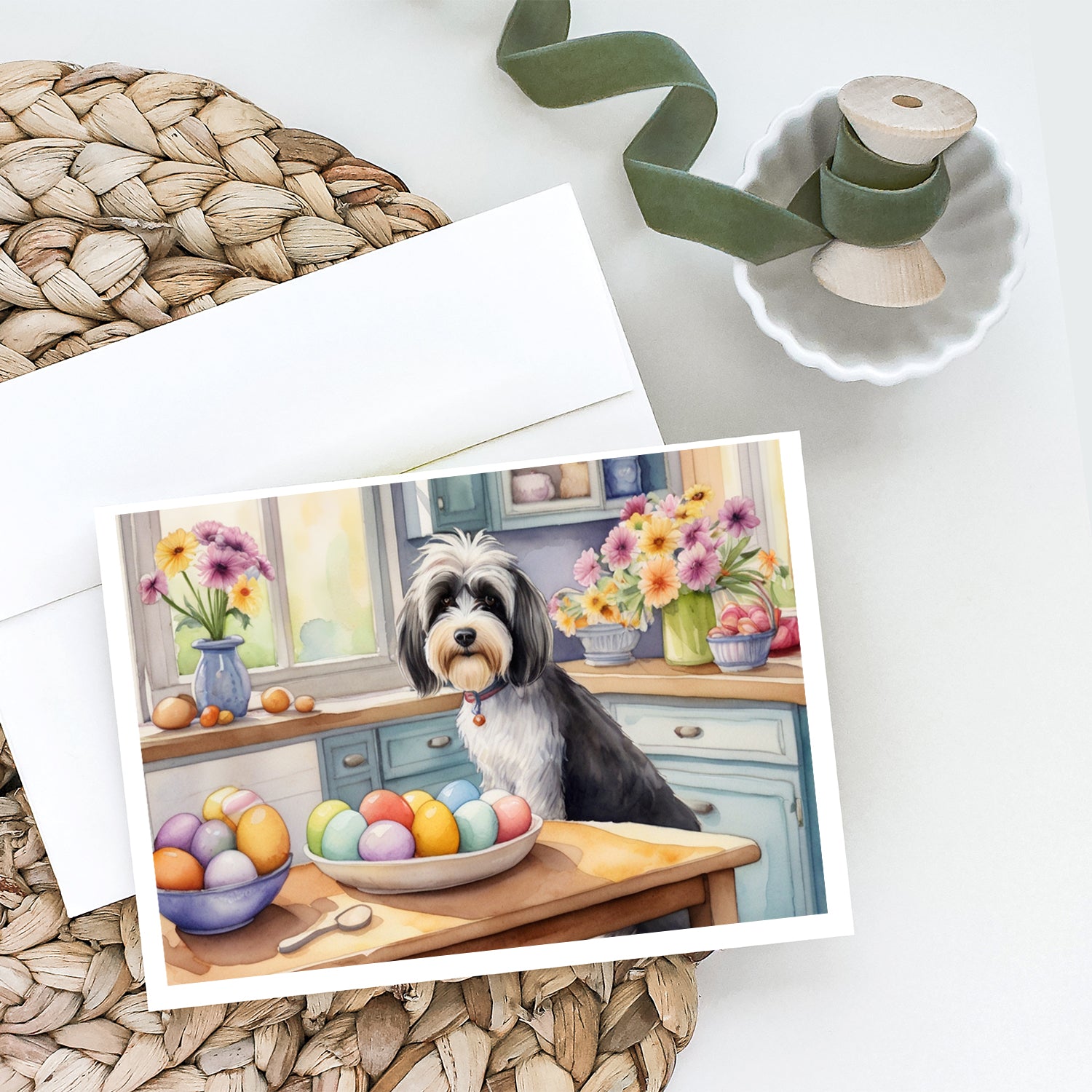 Buy this Decorating Easter Tibetan Terrier Greeting Cards Pack of 8