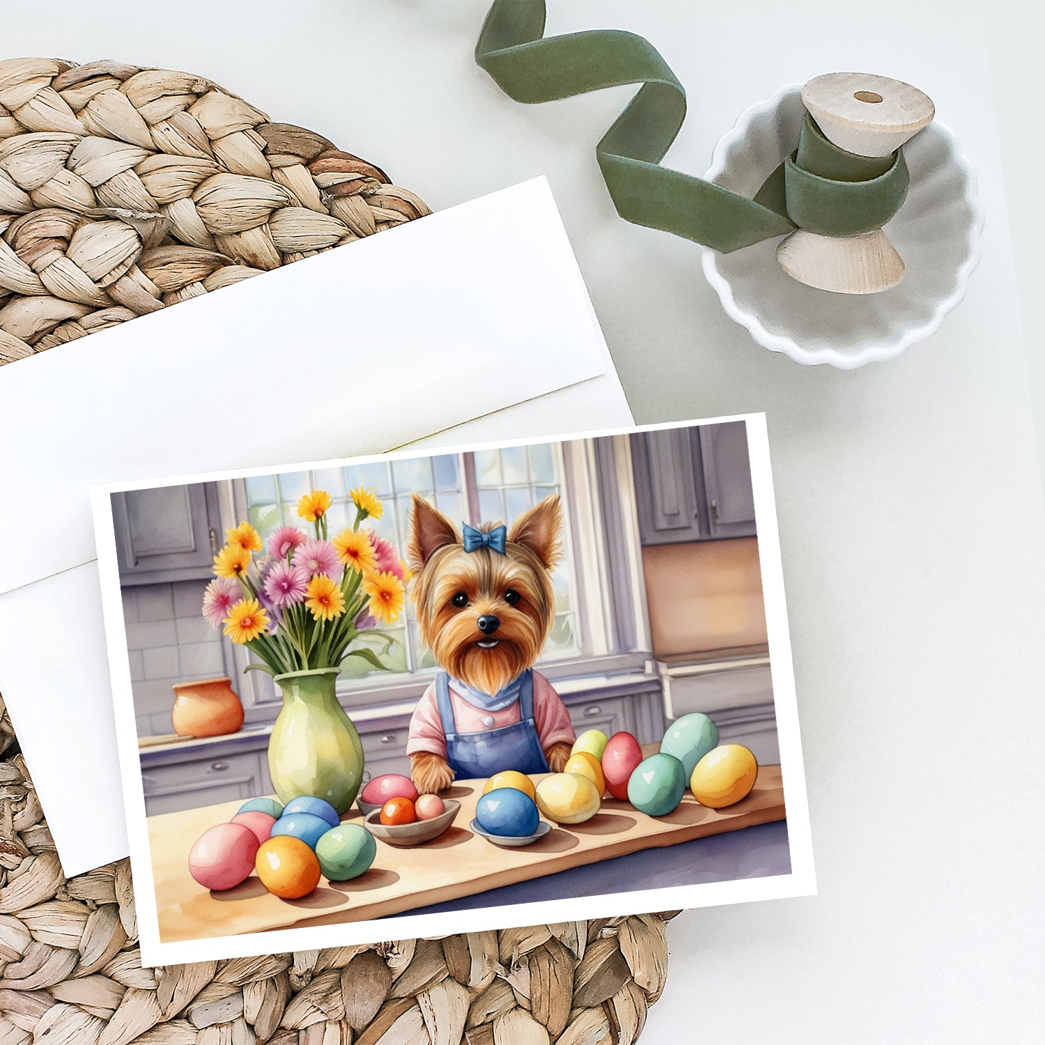 Buy this Decorating Easter Yorkshire Terrier Greeting Cards Pack of 8