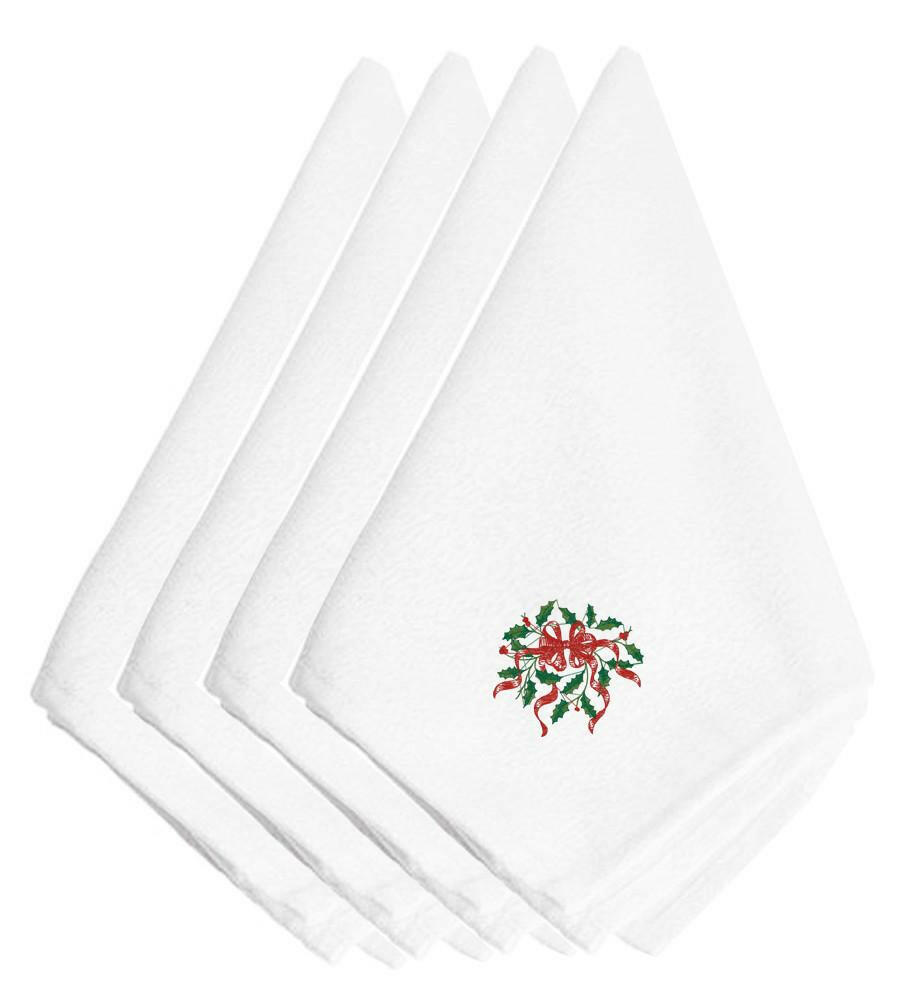 Christmas Holly with Ribbon Embroidered Napkins Set of 4 EMBT2974NPKE by Caroline&#39;s Treasures