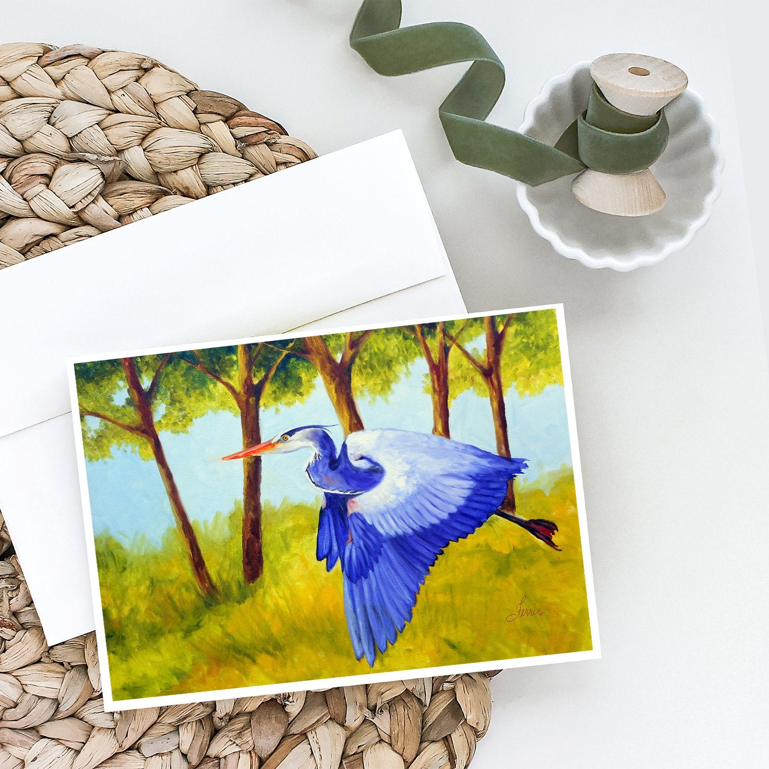 Buy this Fyling Heron by Ferris Hotard Greeting Cards and Envelopes Pack of 8