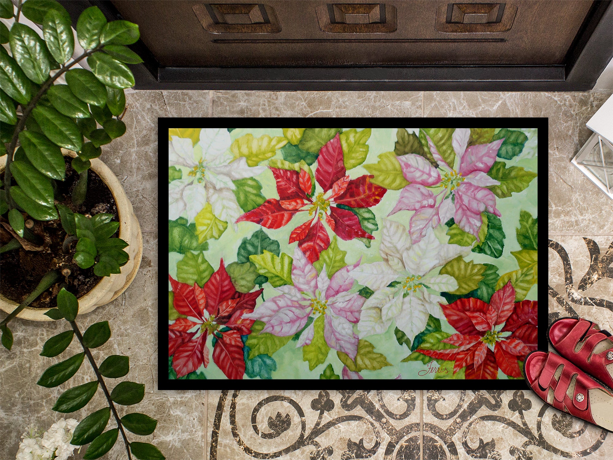 Poinsettias by Ferris Hotard Indoor or Outdoor Mat 18x27 - the-store.com