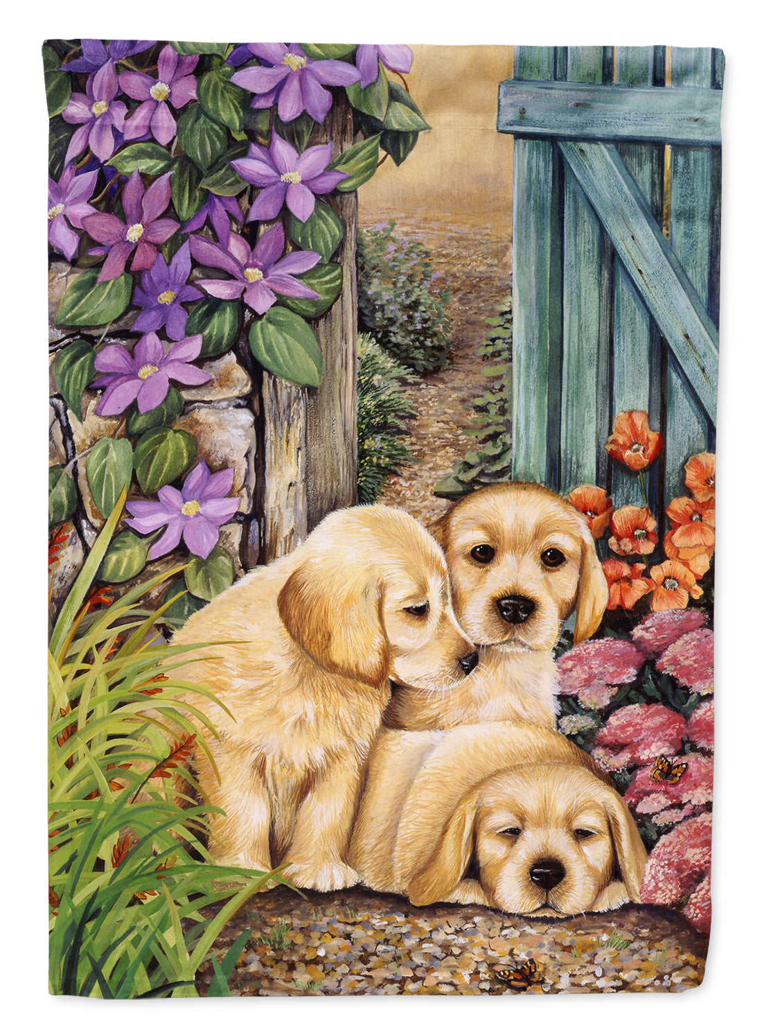 Yellow Labrador Puppies by Lesley Hallas Flag Garden Size HLH0418GF.