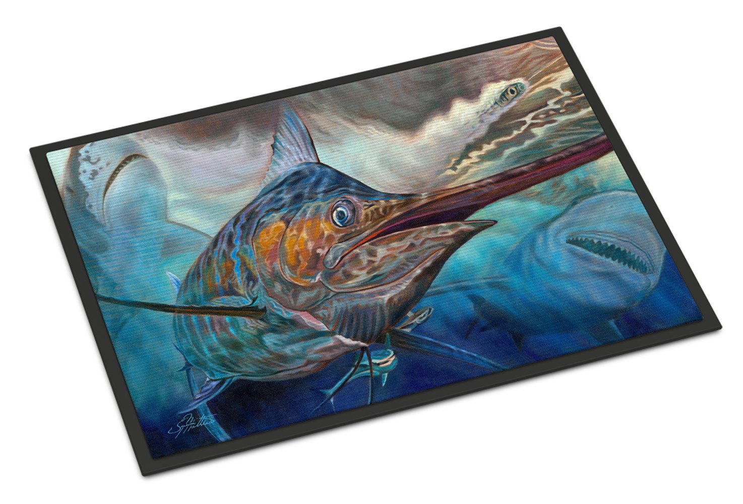 Running The Guantlet Blue Marlin Indoor or Outdoor Mat 24x36 JMA2000JMAT by Caroline's Treasures