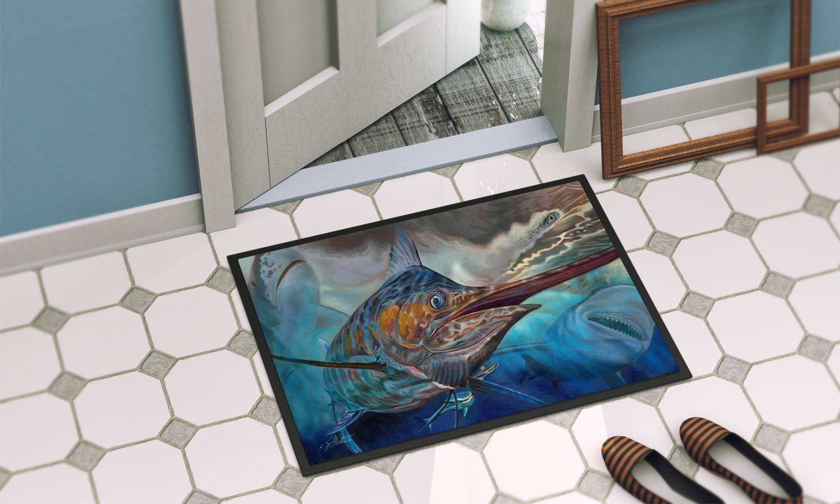 Running The Guantlet Blue Marlin Indoor or Outdoor Mat 24x36 JMA2000JMAT by Caroline's Treasures