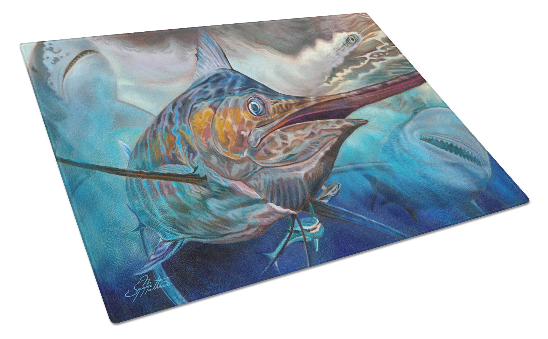 Running The Guantlet Blue Marlin Glass Cutting Board Large JMA2000LCB by Caroline's Treasures