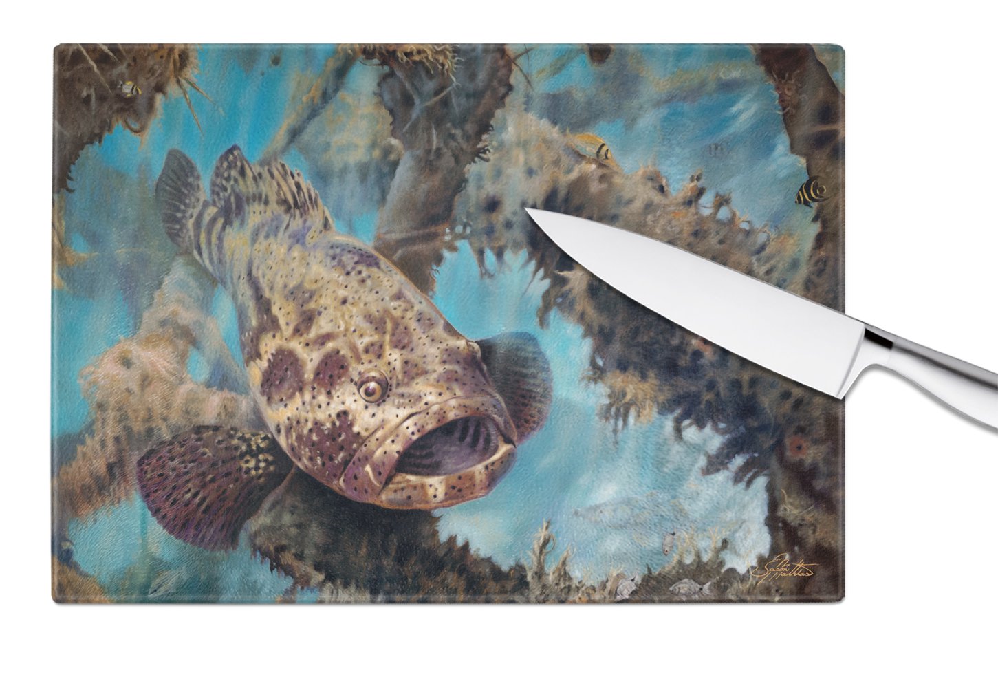 Golden Goliath Grouper Glass Cutting Board Large JMA2003LCB by Caroline's Treasures