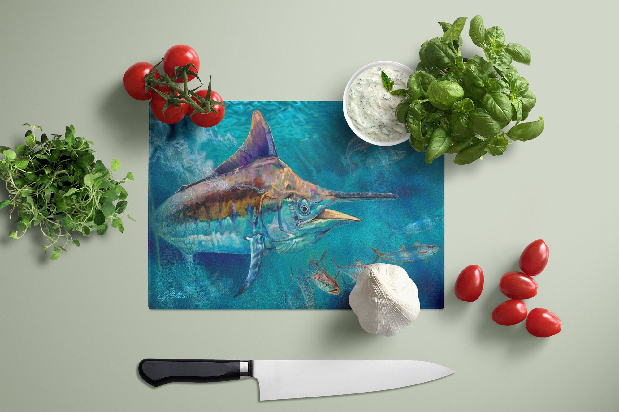 Liquid Metal Black Marlin Glass Cutting Board Large JMA2005LCB by Caroline's Treasures