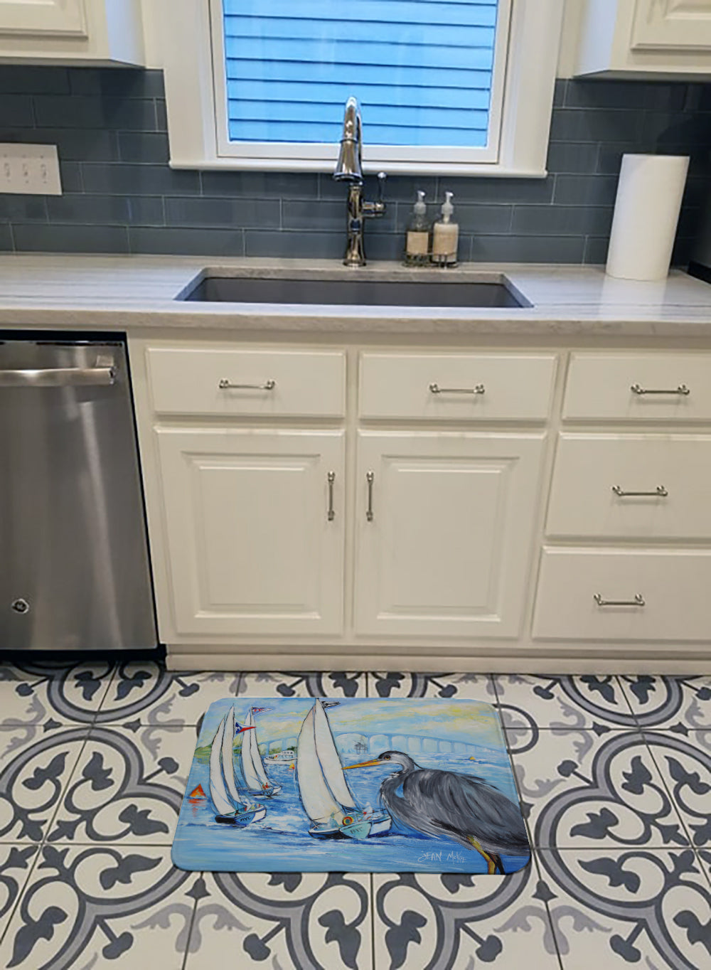 Blue Heron Sailboats Dog River Bridge Machine Washable Memory Foam Mat JMK1001RUG - the-store.com