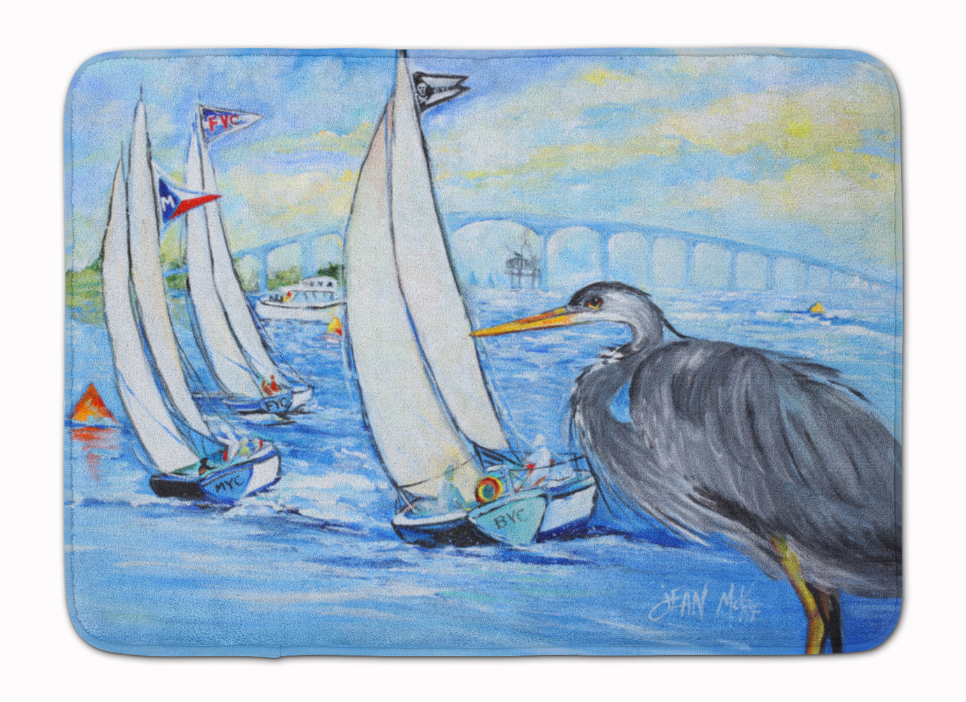 Blue Heron Sailboats Dog River Bridge Machine Washable Memory Foam Mat JMK1001RUG - the-store.com