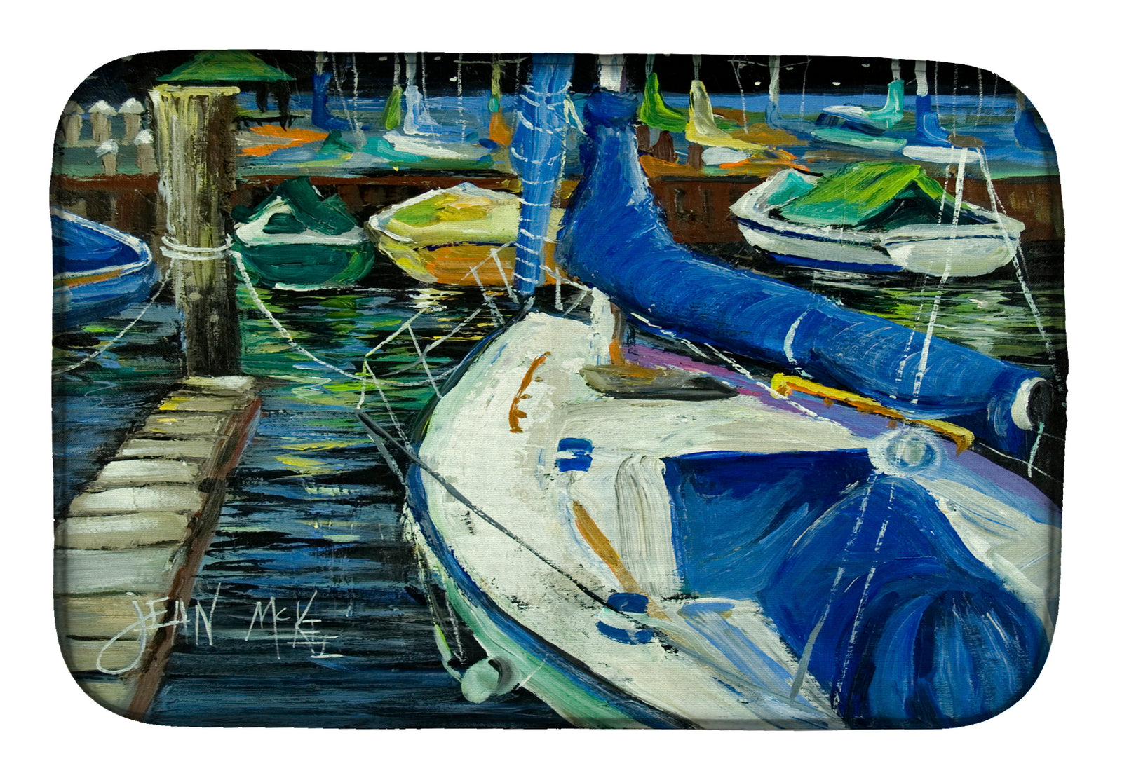 Night on the Docks Sailboat Dish Drying Mat JMK1031DDM  the-store.com.