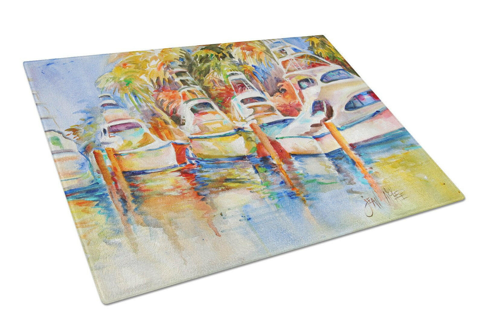 Deep Sea Fishing Boats at the Dock Glass Cutting Board Large JMK1052LCB by Caroline's Treasures