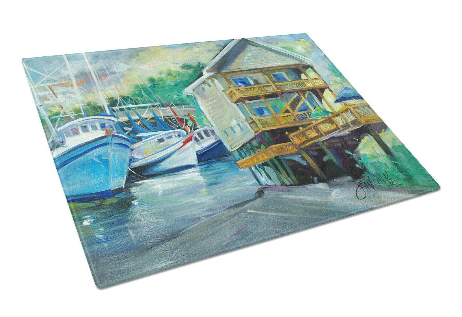 Ocean Springs Harbour Landing Glass Cutting Board Large JMK1069LCB by Caroline's Treasures