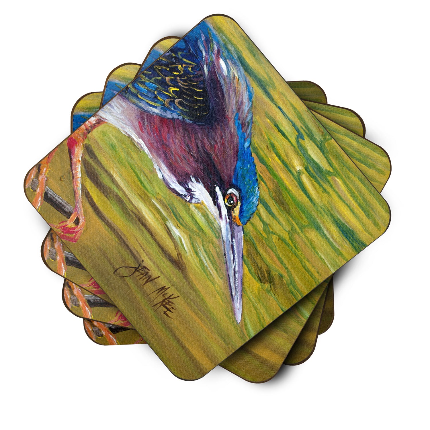 Set of 4 Green Heron Foam Coasters JMK1226FC - the-store.com