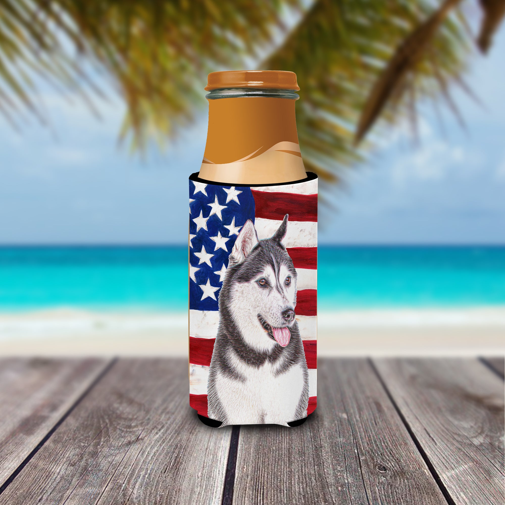 USA American Flag with Alaskan Malamute Ultra Beverage Insulators for slim cans KJ1154MUK.