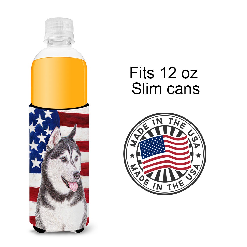 USA American Flag with Alaskan Malamute Ultra Beverage Insulators for slim cans KJ1154MUK.