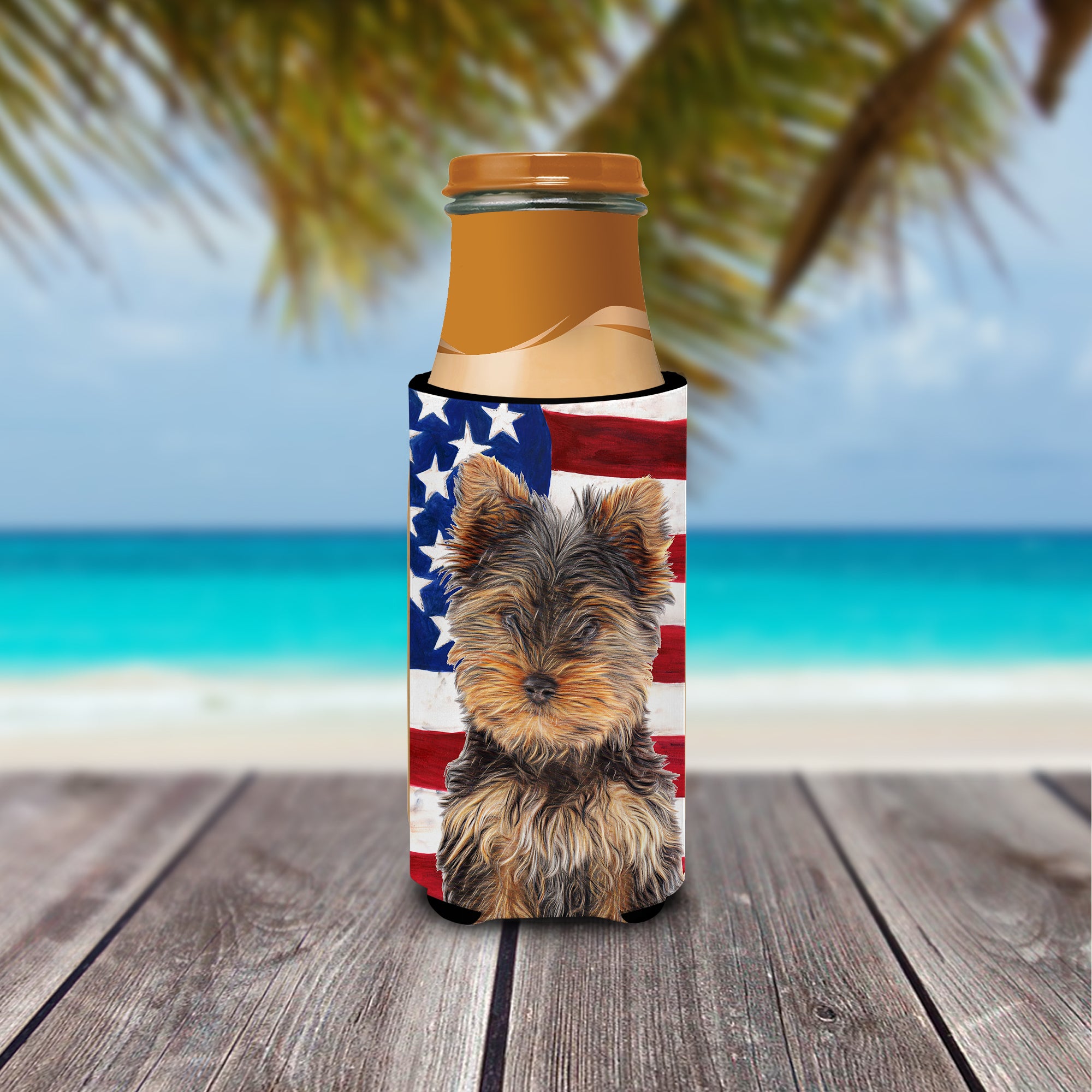 USA American Flag with Yorkie Puppy / Yorkshire Terrier Ultra Beverage Insulators for slim cans KJ1160MUK.