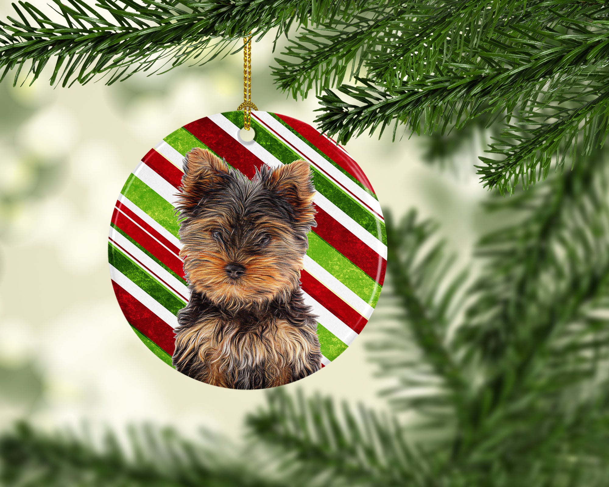 Candy Cane Holiday Christmas Yorkie Puppy / Yorkshire Terrier Ceramic Ornament KJ1174CO1 - the-store.com