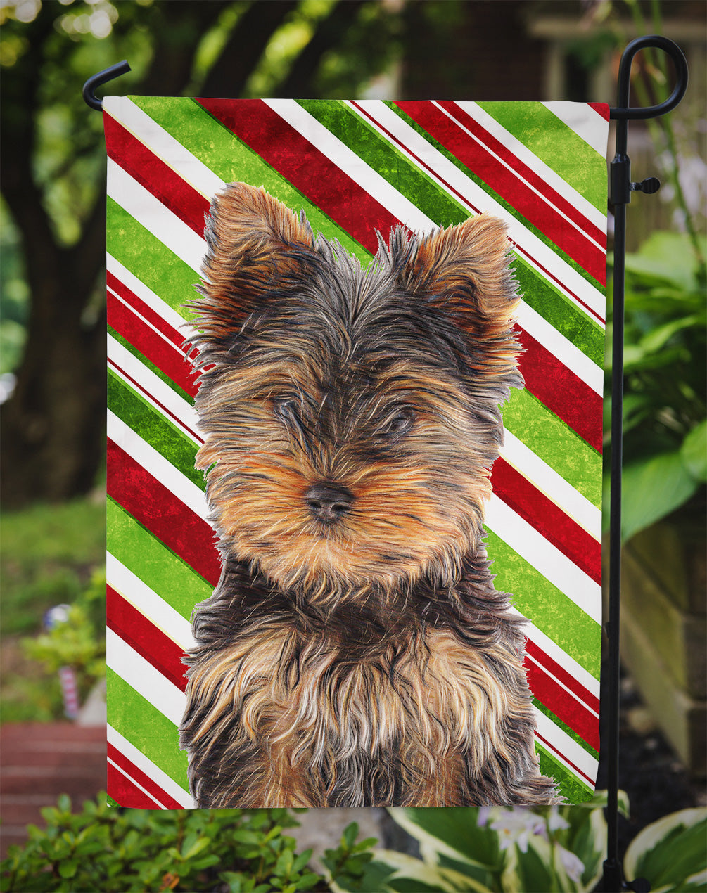 Candy Cane Holiday Christmas Yorkie Puppy / Yorkshire Terrier Flag Garden Size KJ1174GF.