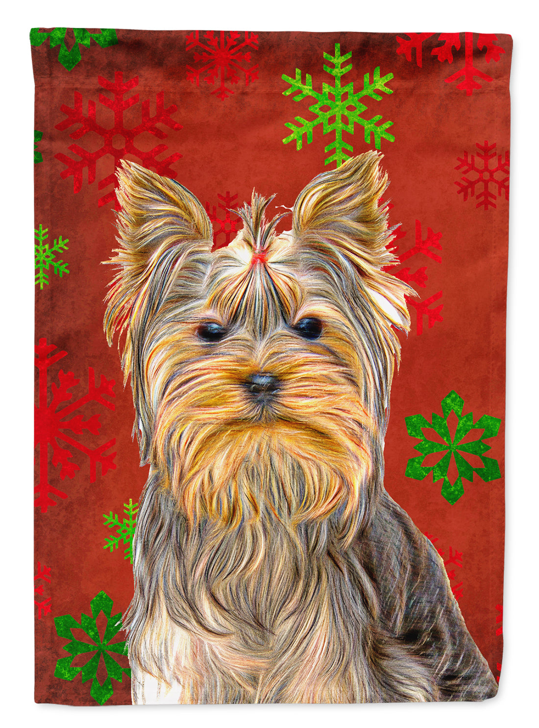 Red Snowflakes Holiday Christmas  Yorkie / Yorkshire Terrier Flag Canvas House Size KJ1184CHF  the-store.com.