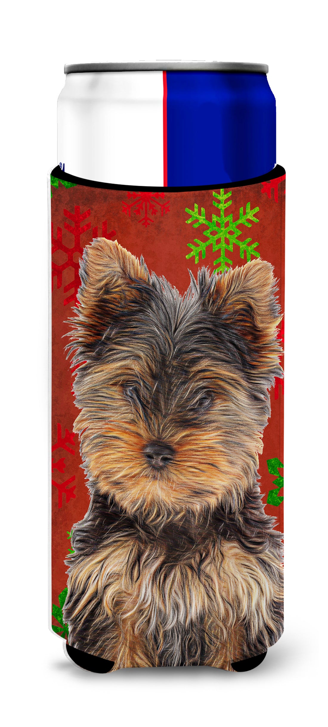 Red Snowflakes Holiday Christmas Yorkie Puppy / Yorkshire Terrier Ultra Beverage Insulators for slim cans KJ1188MUK.