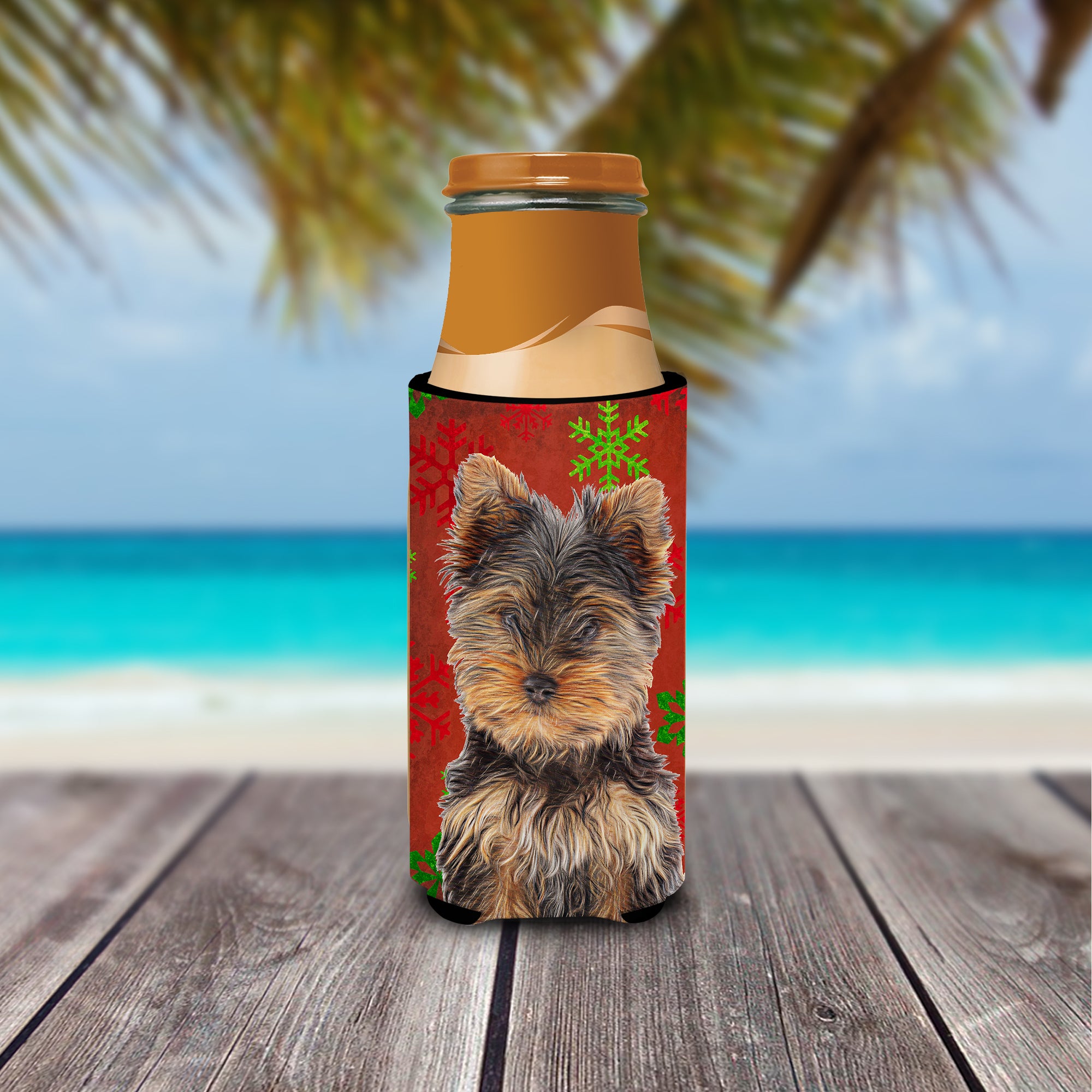 Red Snowflakes Holiday Christmas Yorkie Puppy / Yorkshire Terrier Ultra Beverage Insulators for slim cans KJ1188MUK.