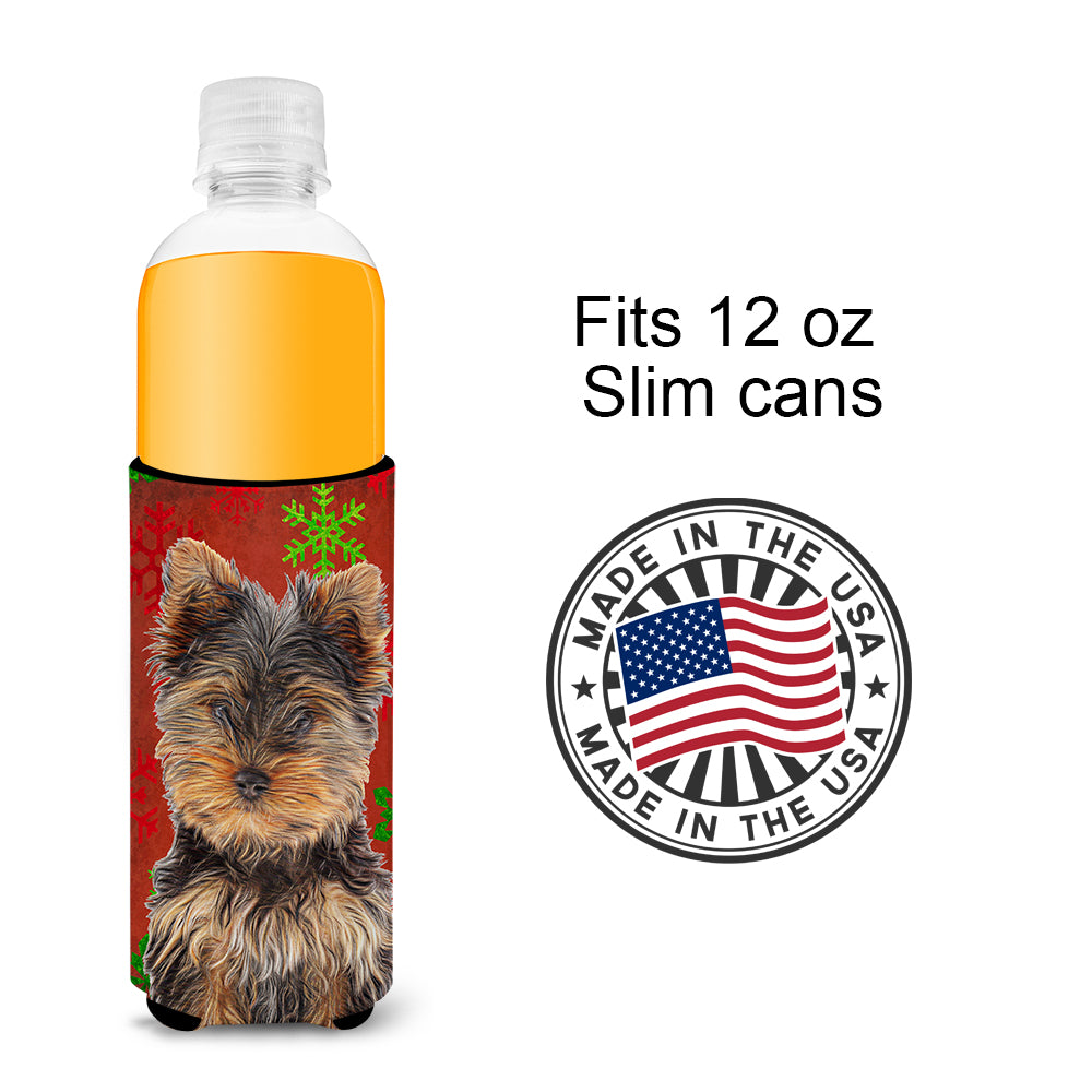 Red Snowflakes Holiday Christmas Yorkie Puppy / Yorkshire Terrier Ultra Beverage Insulators for slim cans KJ1188MUK.