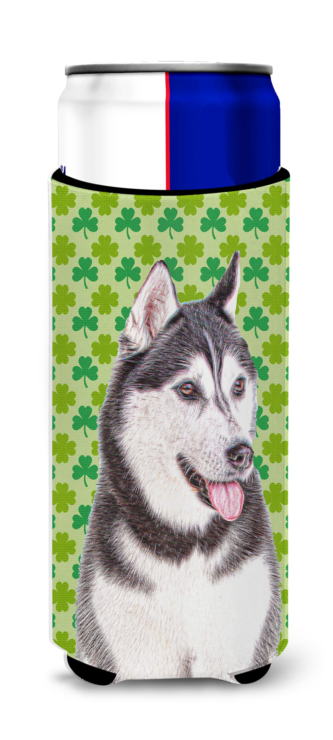 St. Patrick&#39;s Day Shamrock Alaskan Malamute Ultra Beverage Insulators for slim cans KJ1196MUK.