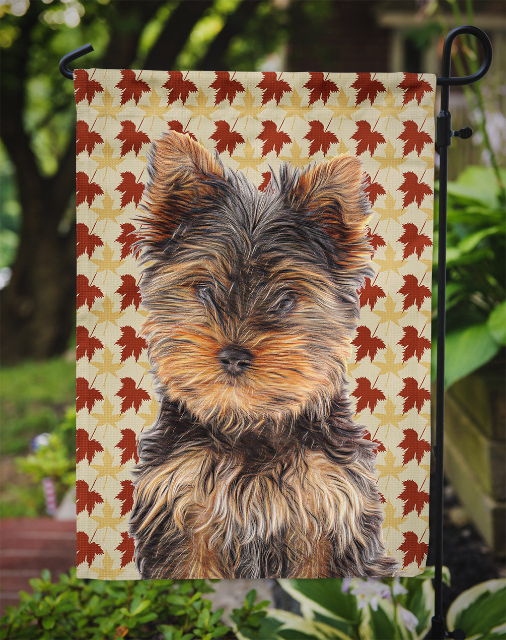 Fall Leaves Yorkie Puppy / Yorkshire Terrier Flag Garden Size KJ1209GF.