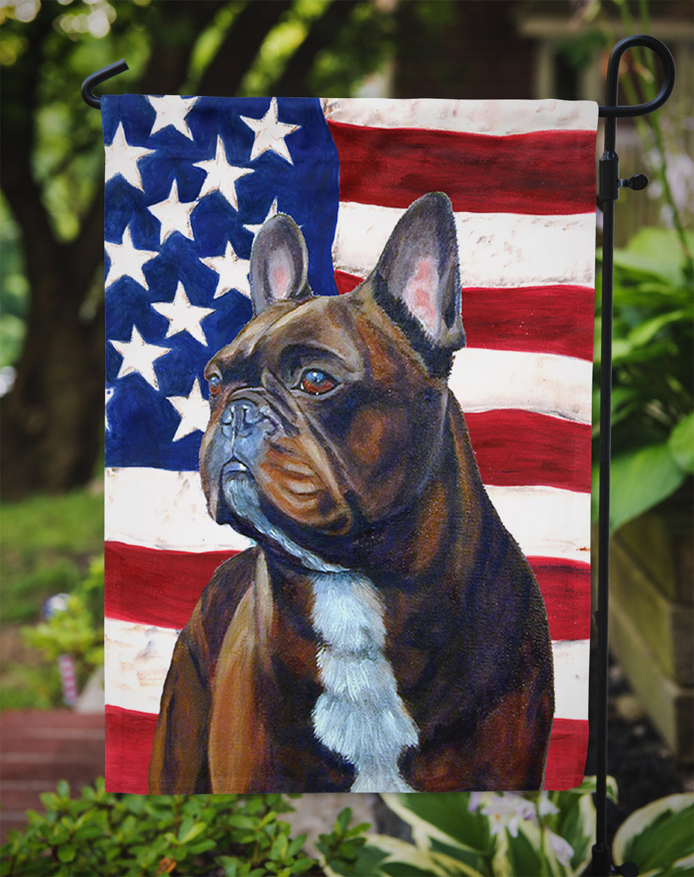 USA American Flag with French Bulldog Flag Garden Size.