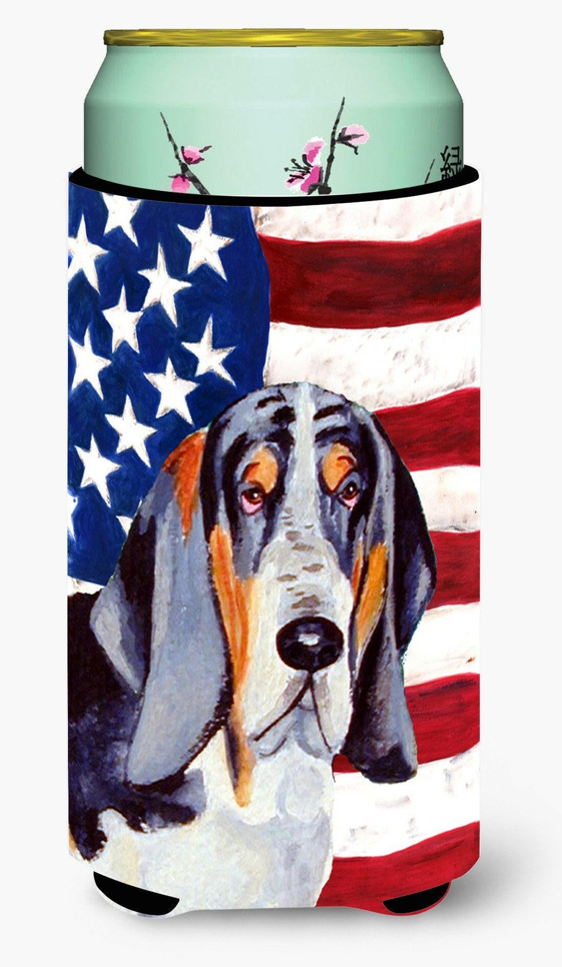 USA American Flag with Basset Hound  Tall Boy Beverage Insulator Beverage Insulator Hugger by Caroline's Treasures