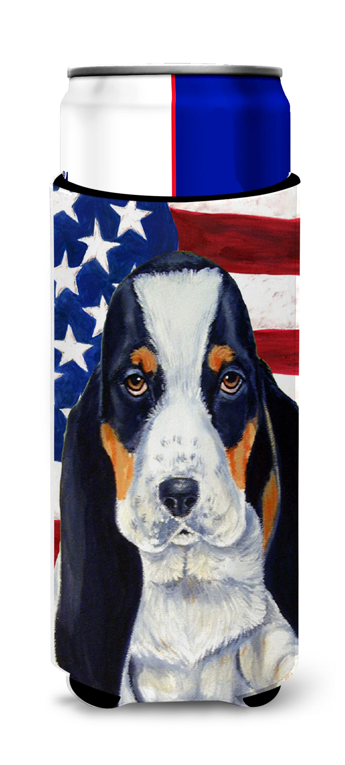 USA American Flag with Basset Hound Ultra Beverage Insulators for slim cans LH9015MUK.